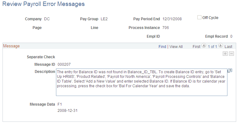 Review Payroll Error Messages page