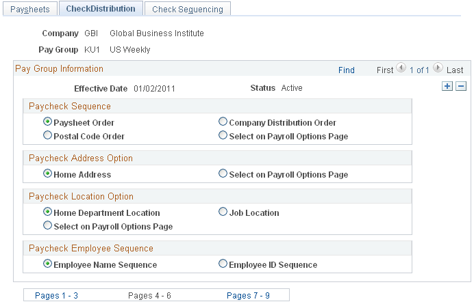 Pay Group Table - Check Distribution page