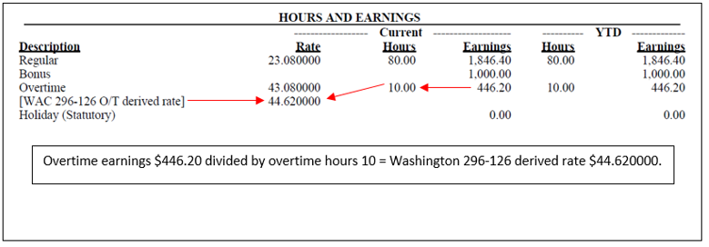 Example of the derived overtime rate displayed on a Washington employee's wage statement