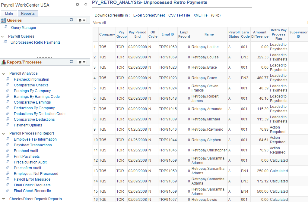 Payroll WorkCenter USA, Reports tab
