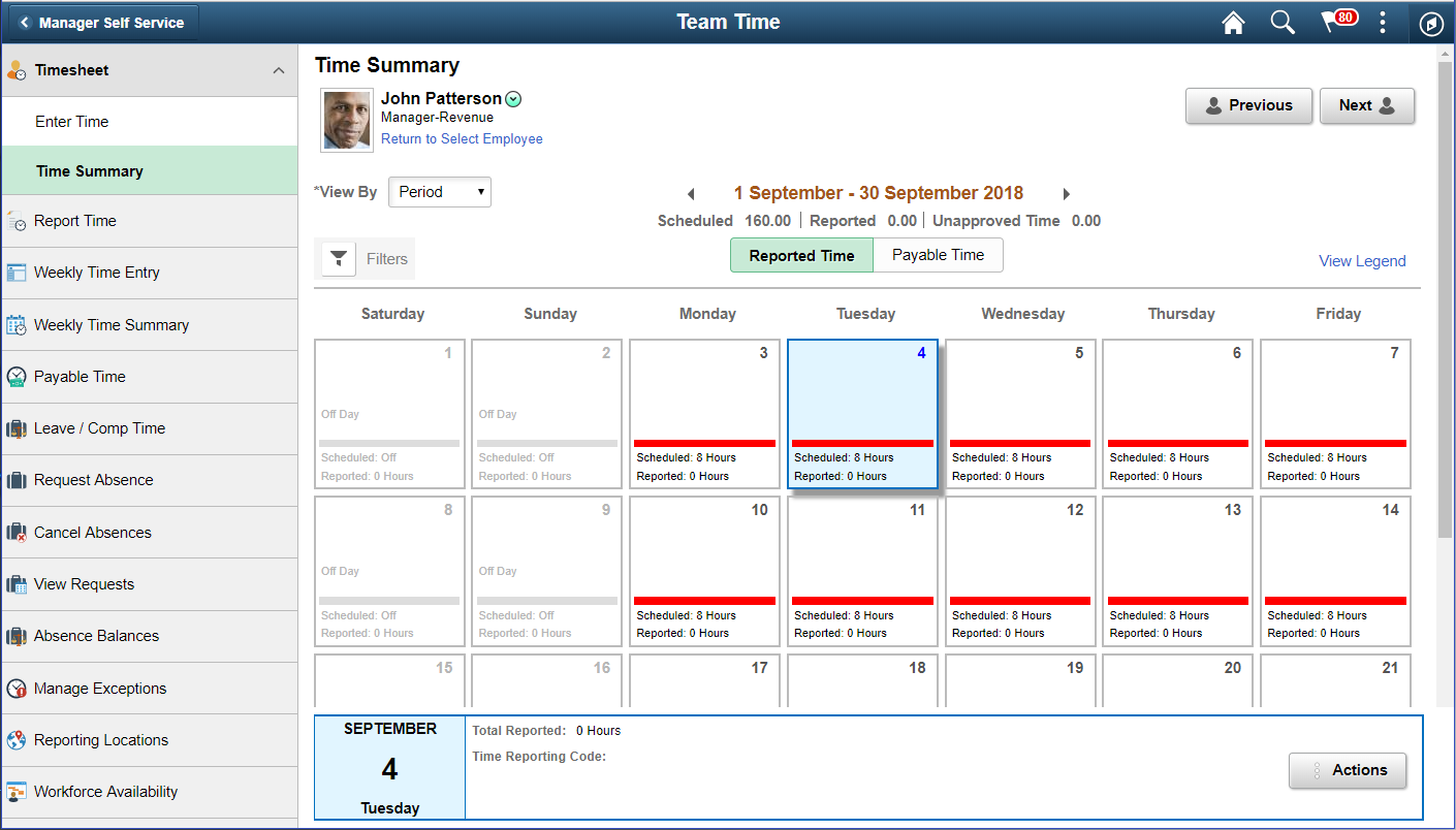 MSS_Time Summary_Select Employee <Reported Time Tab> Page