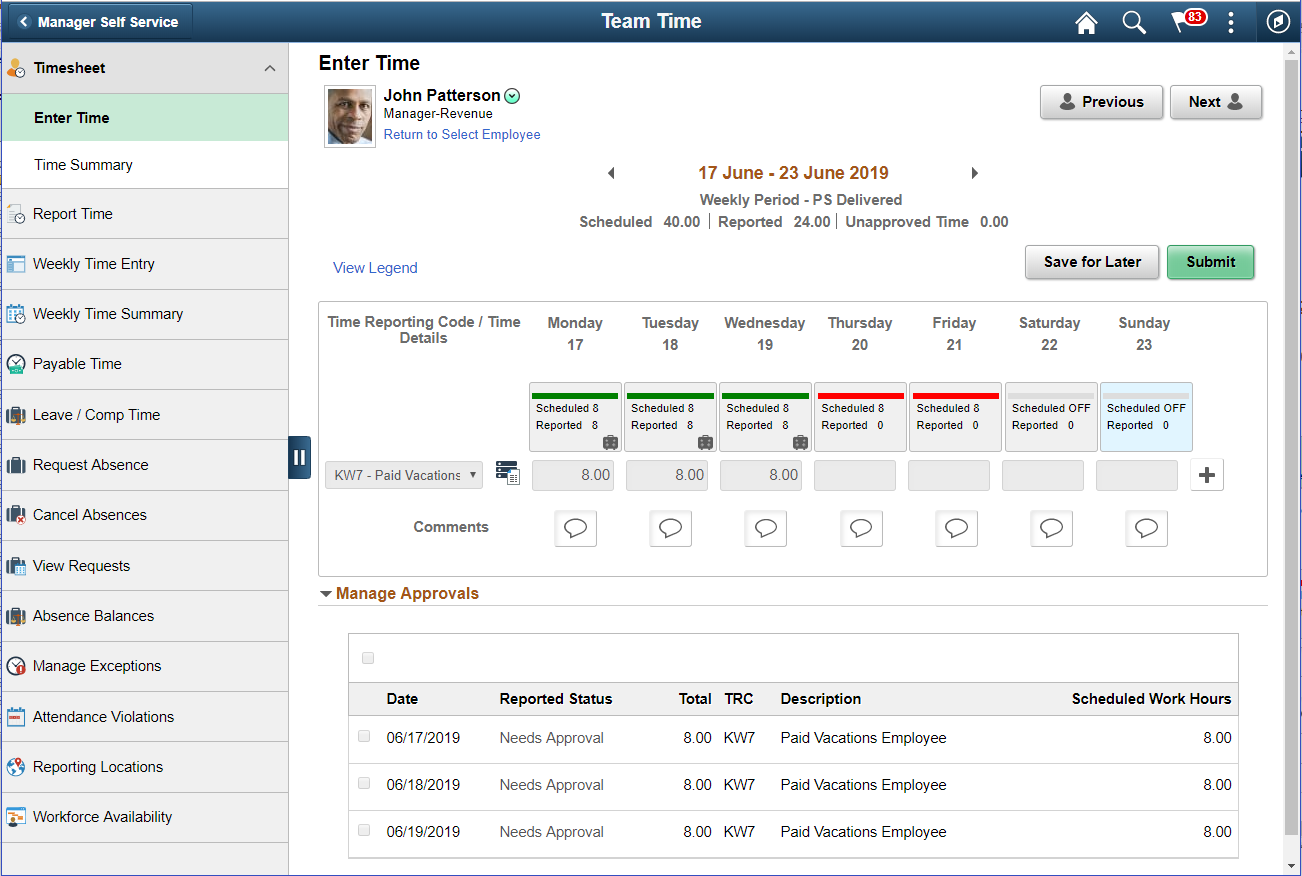 MSS Enter Time Page View for an Elapsed Time report