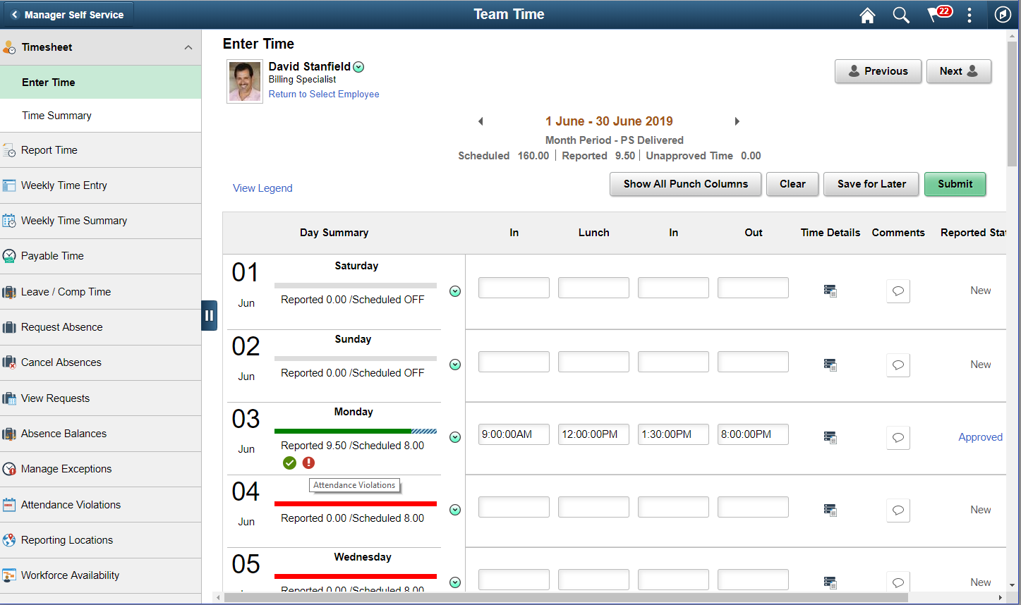 Enter Time page with Attendance Violation icon