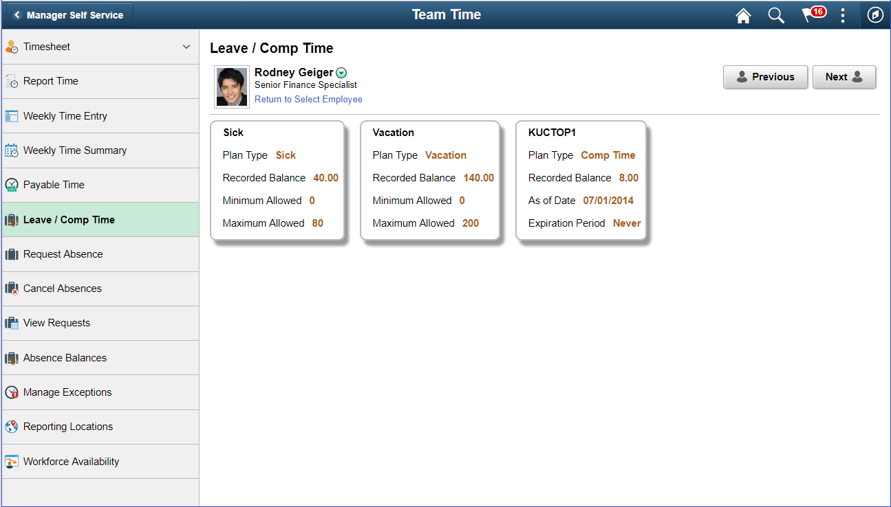 Leave / Comp Time Summary page