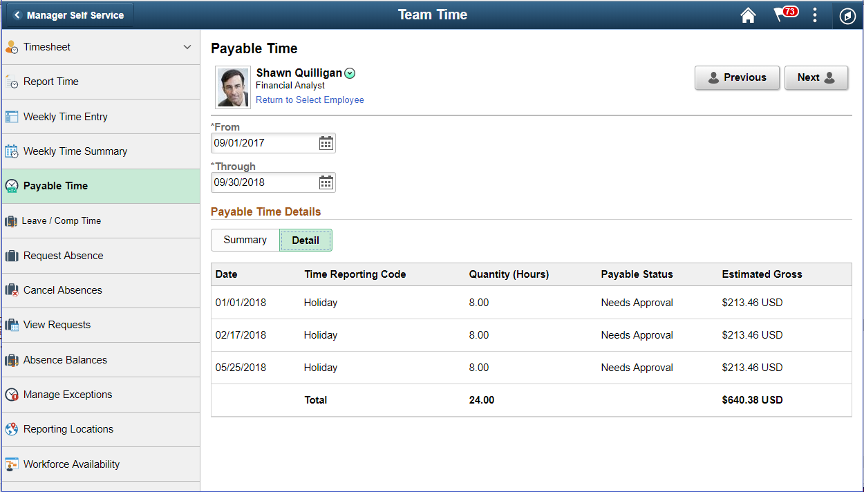 Payable Time Detail page