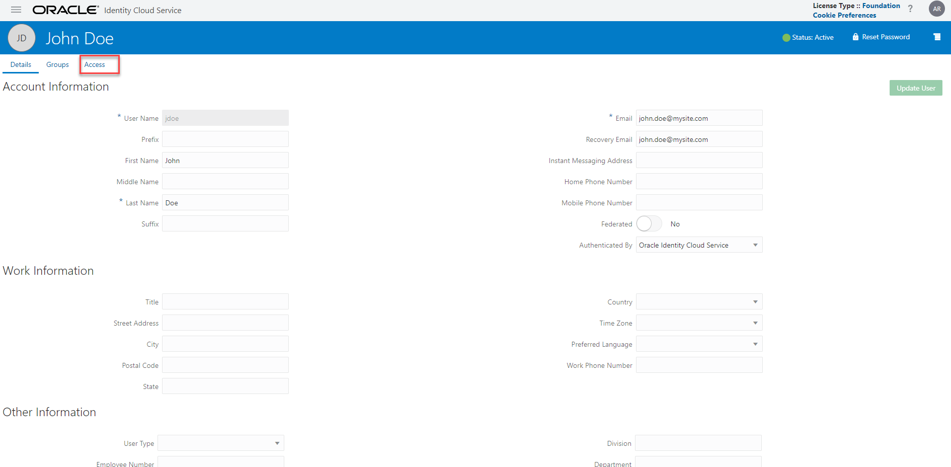 User details window This illustration shows the user details page, in this page the detailsof the user such as Account Information, Work Information, and Other Informationare displayed as pane. And there are corresponding field within these panes.