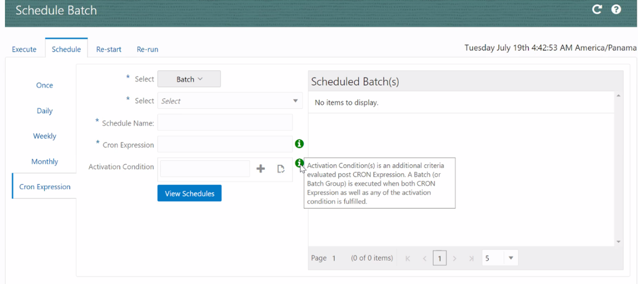Schedule Batch page Enter the Activation condition for the Cron Expression