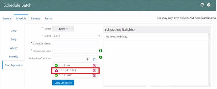 Schedule Batch Page includes valid and invalid Cron expressions