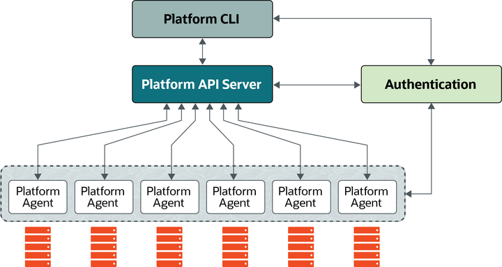 This figure shows the Oracle Cloud Native Environment architecture, which consists of the Platform CLI, connecting to the Platform API Server, which then connects to the Platform Agent on each node. Authentication is performed between each node type.