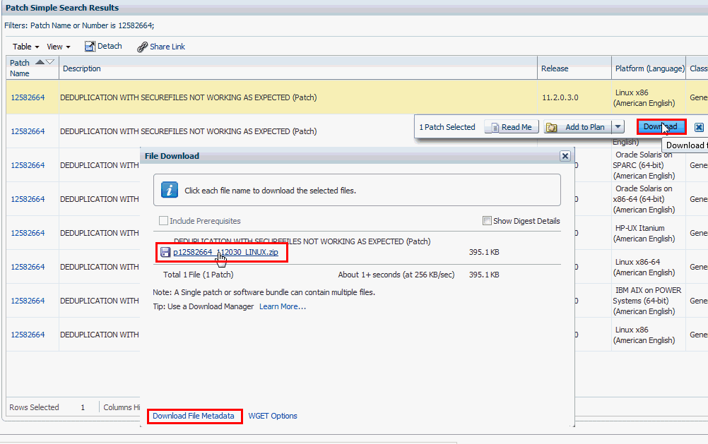 My Oracle Supportからのパッチのダウンロード