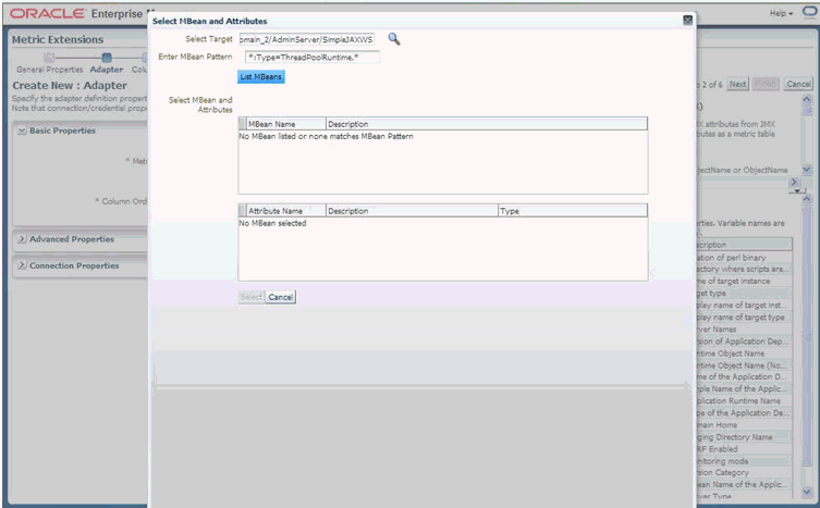 画像は、MBean属性の選択を示しています。