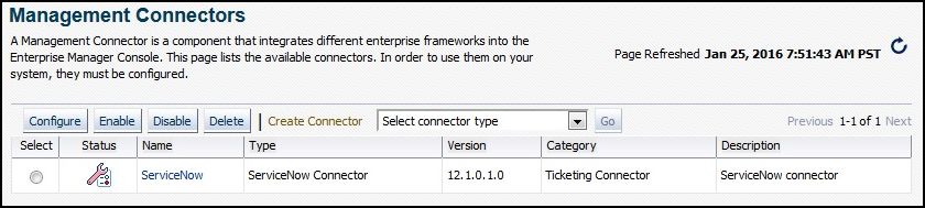 未構成のServiceNowチケッティング・コネクタのスクリーン・ショットの例。 未構成のServiceNowチケッティング・コネクタのスクリーン・ショットの例。