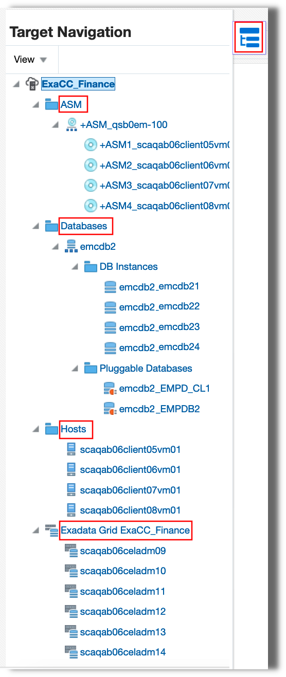 Exadata Cloudターゲット・ナビゲーション・ツリー