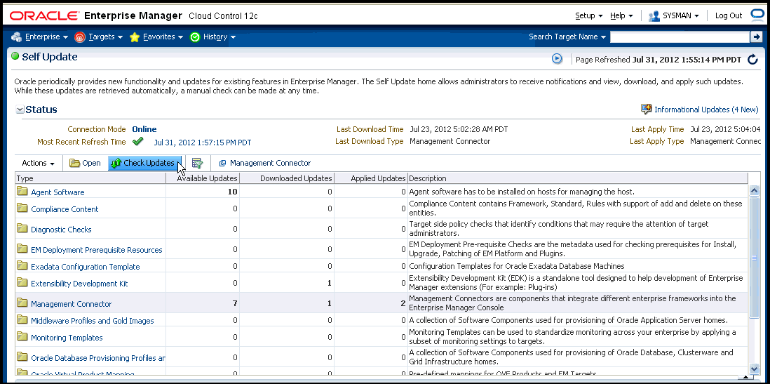 「自己更新」ページで更新を確認します。