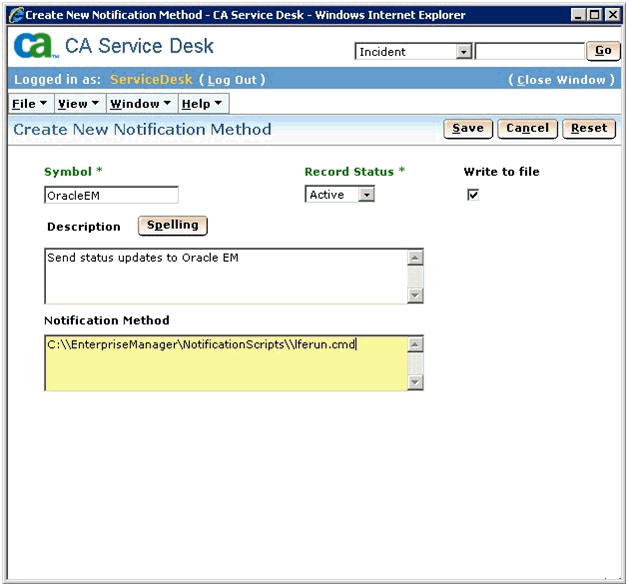 「Create New Notification Method」ウィンドウ