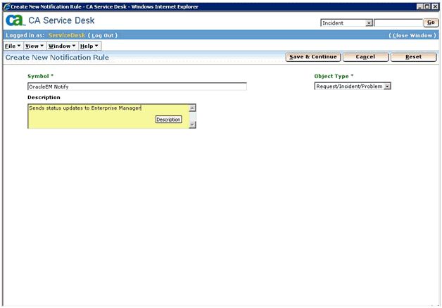 「Create New Notification Rule」ウィンドウ