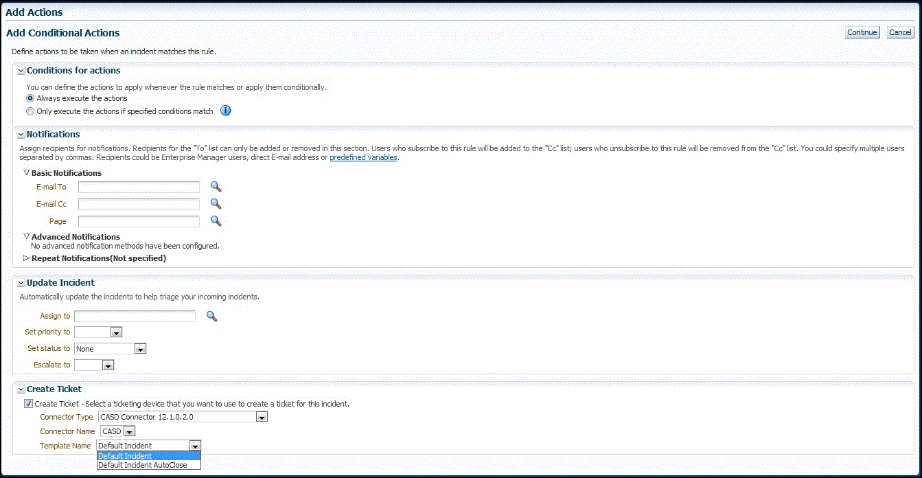 インシデントの「アクションの追加」
