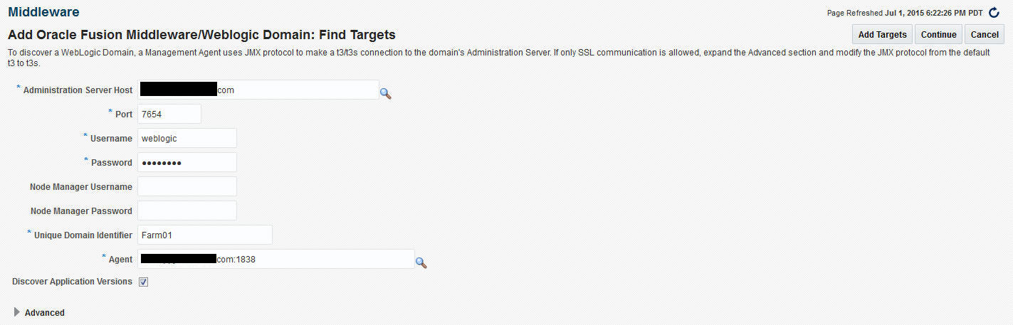 Oracle Fusion Middleware/Weblogicドメインの追加: ターゲットの検索