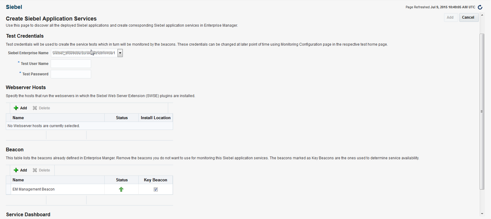 「Siebelアプリケーション・サービスの作成」ページ