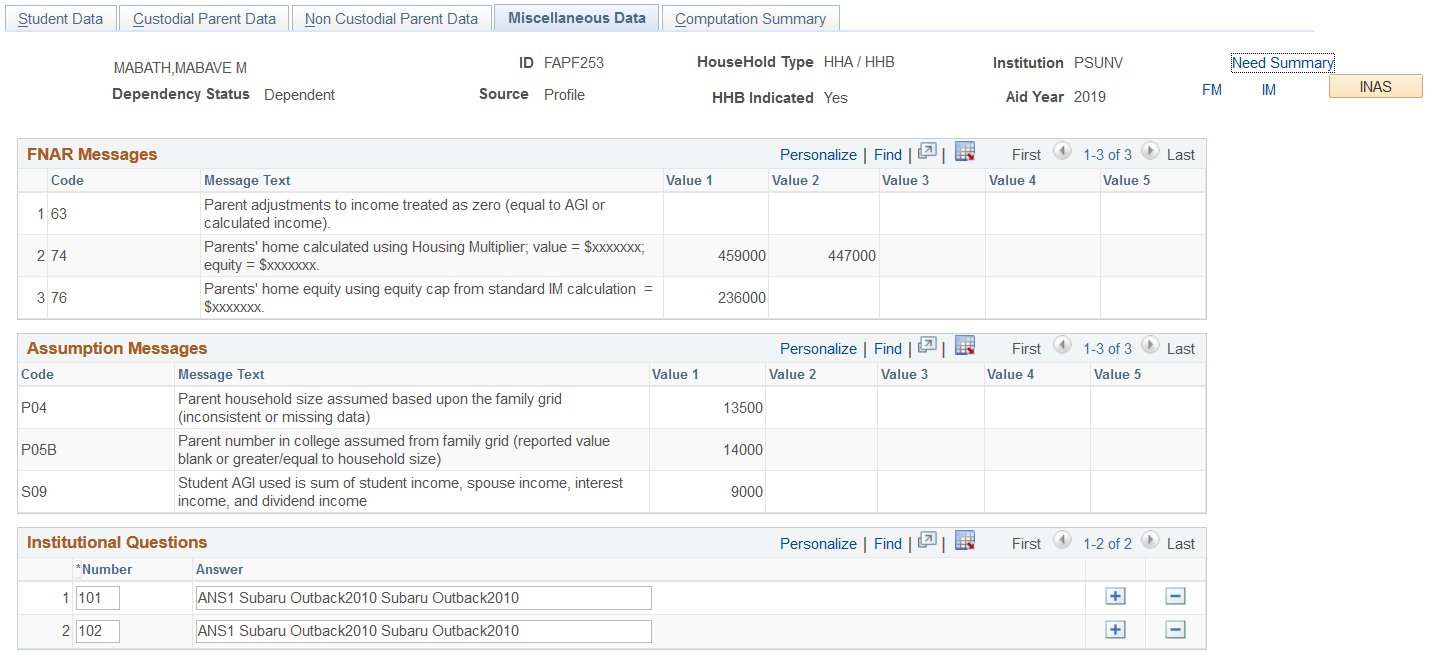 Maintain Institutional Application, Miscellaneous Data page