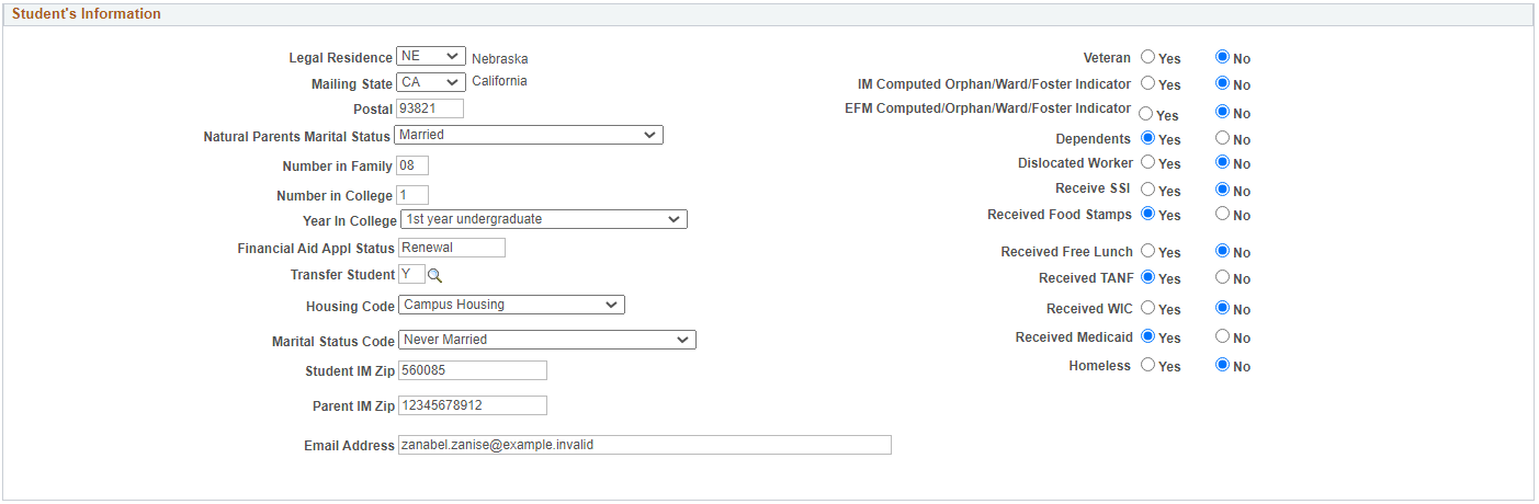 Maintain Institutional Application, Student Data page (2 of 5)