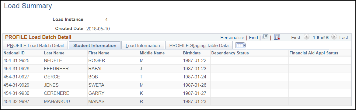 PROFILE Load Summary page, Student Information tab