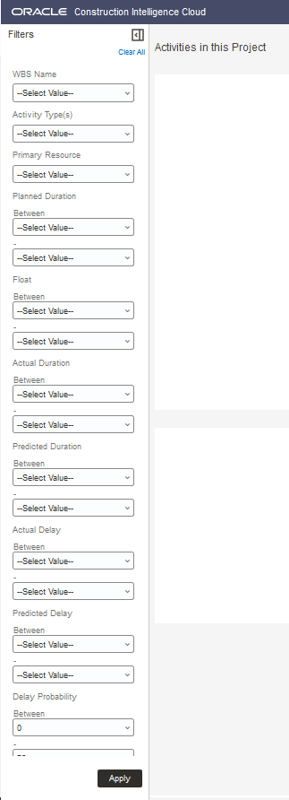 Filters Section of the Activity Delay Detail Page of Construction Intelligence Cloud