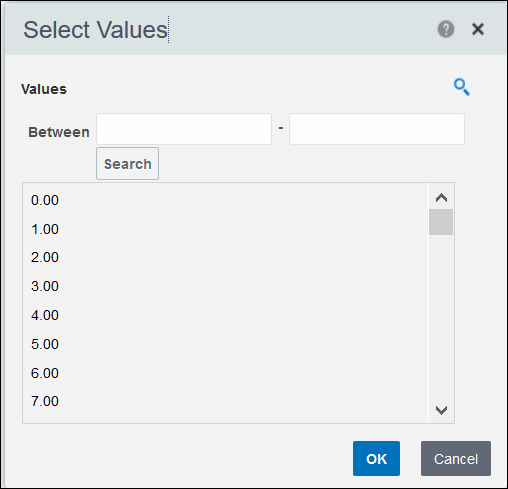 Select Values Dialog Box to select a Range Limit for a Filter