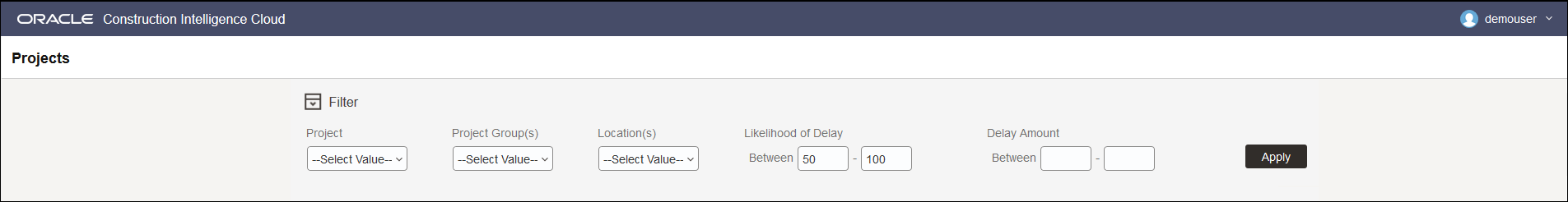 Filters Pane on the Project Listings Page of Construction Intelligence Cloud