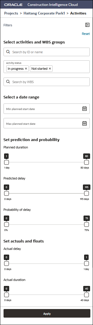 Filters Section of the Activity Delay Detail Page of Construction Intelligence Cloud