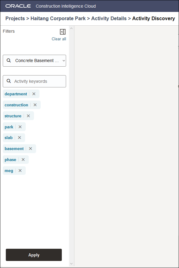 Filters Pane of Activity Discovery-Page of Construction Intelligence Cloud