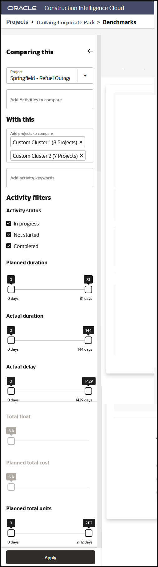 Filters Pane of the New Benchmarking Page of CIC Advisor