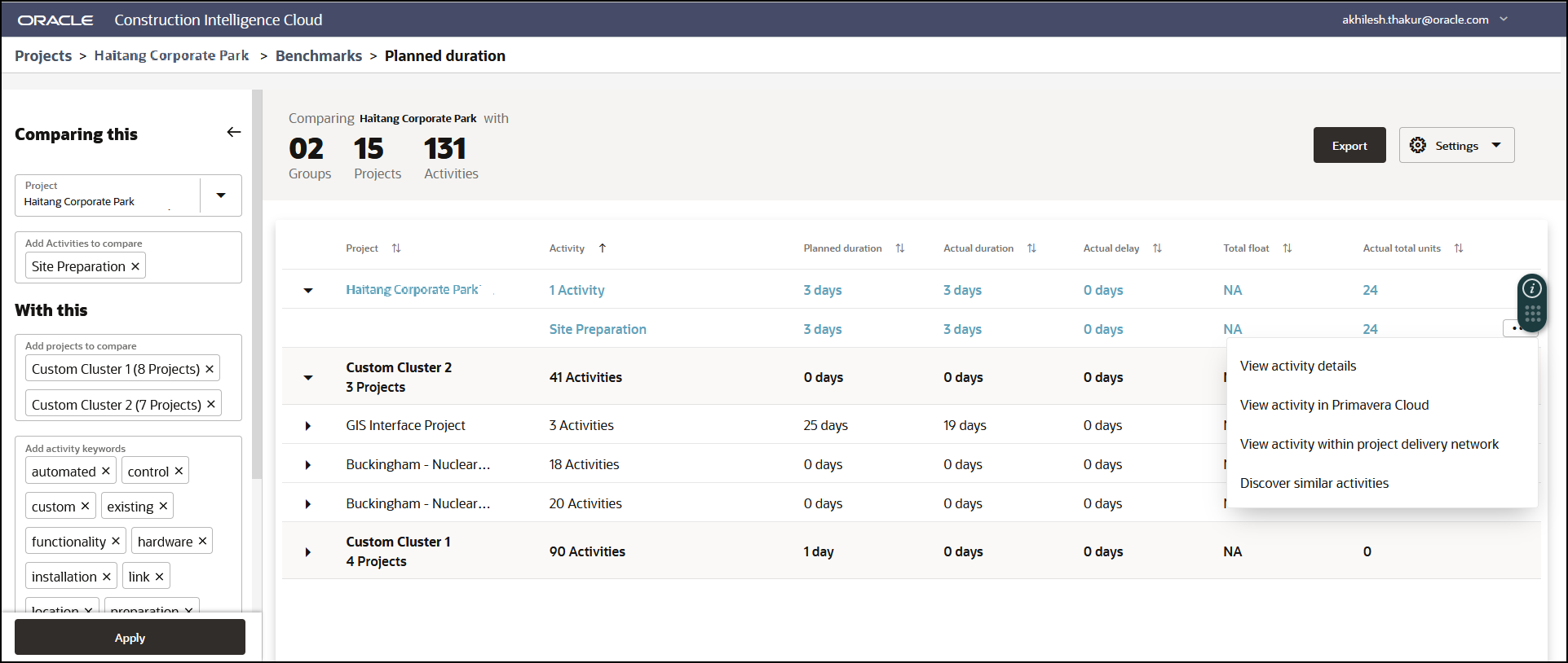 Activity Details on the New Benchmark Page