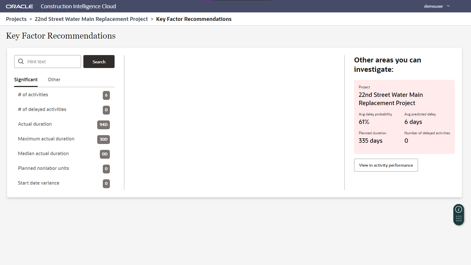 View of the new Key Factor Recommendation Page