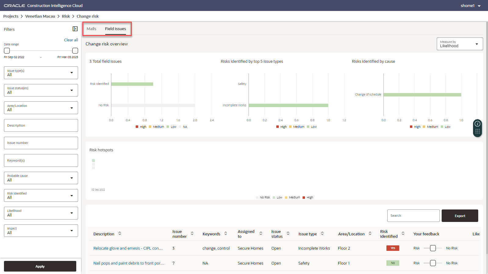 Image shows what the Change Risk page will look like if there are Field Issues available to view.
