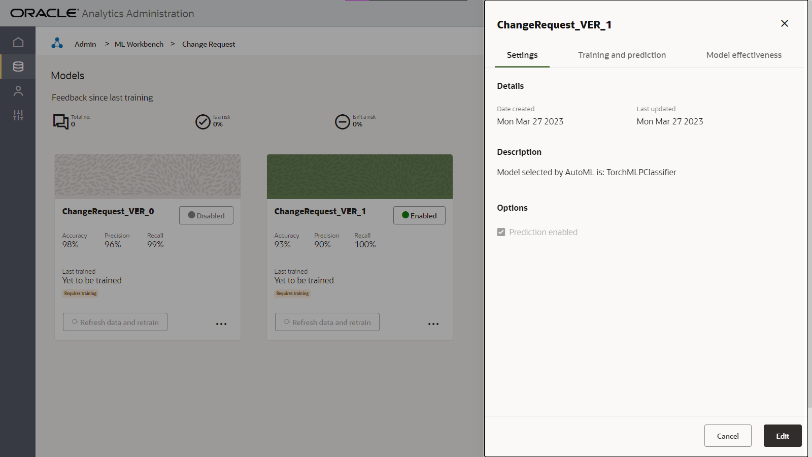 Example of what it looks like to access the ML model details and the ability to edit.