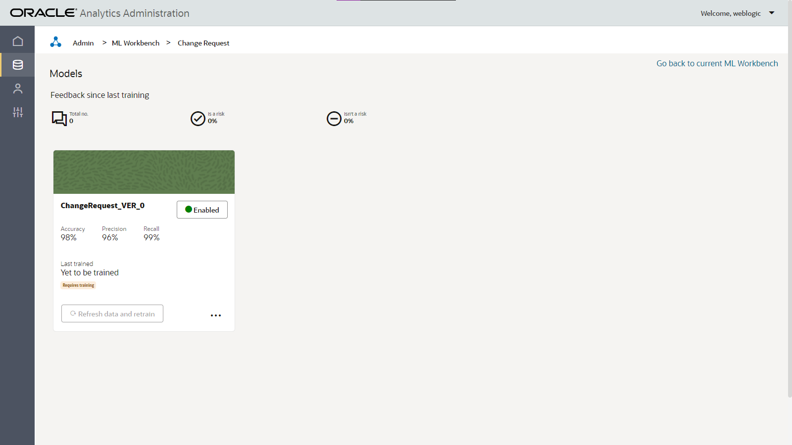 View of an individual Delivery Risk model showing the new Enabled button and a Refresh Data and Retrain button.