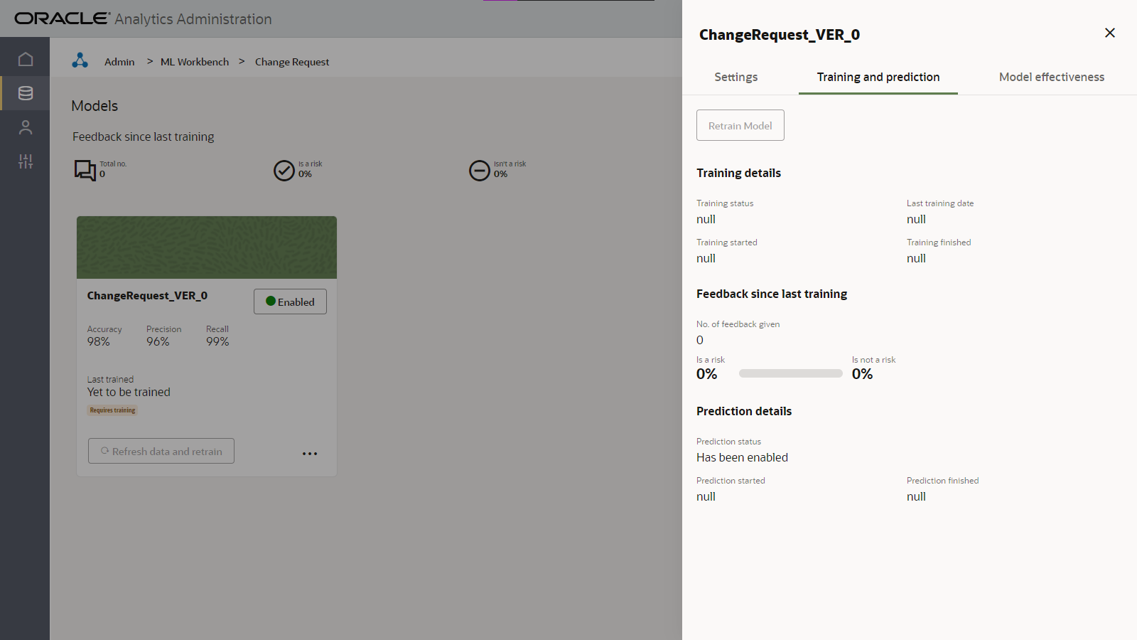 View of the Training and Predictions Tab for an individual Delivery Risk model.
