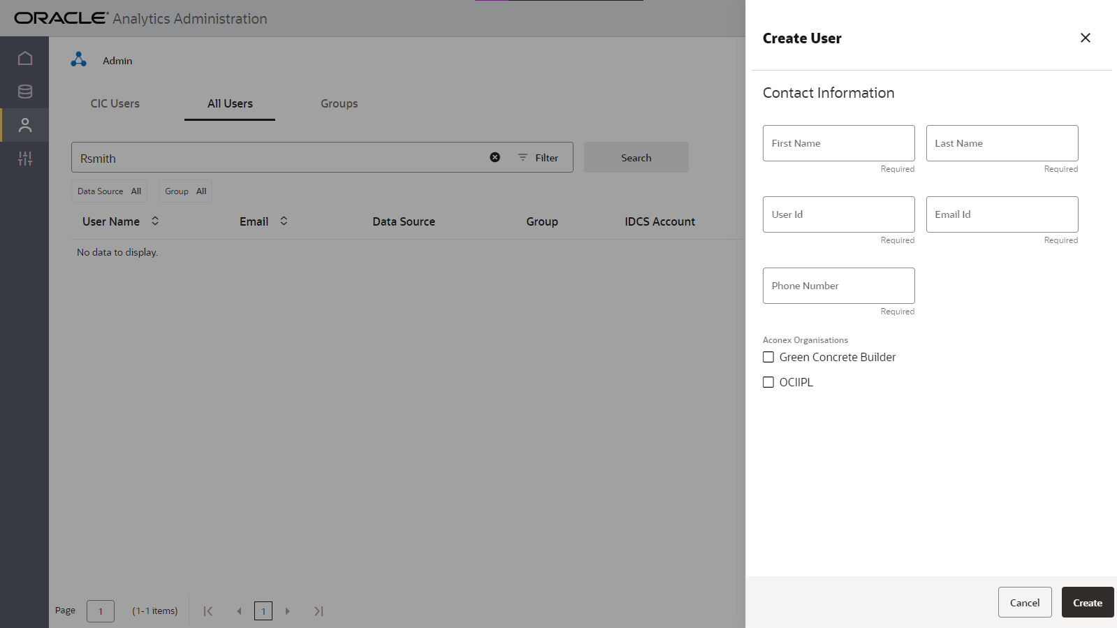View of creating a new user on the User Management page