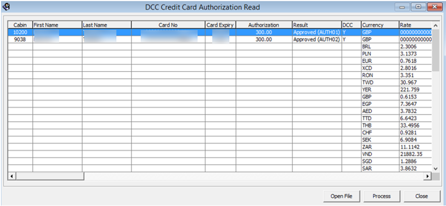This figure shows the DCC Credit Card Authorization Read Screen with Data