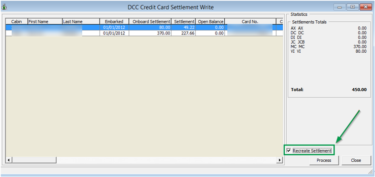 This figure shows the DCC Credit Card Settlement Write Screen — Recreate Settlement Checkbox