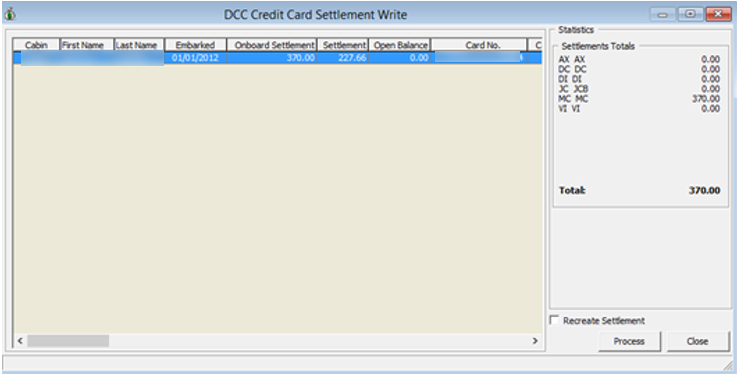 This figure shows the DCC Credit Card Settlement Write Screen (With Settlement Transaction)