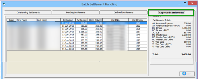 This figure shows the Management, Batch Settlement — Approved Settlement Tab/Progress Bar