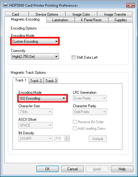 This figure shows the Printer Settings for Magnetic Stripe Card