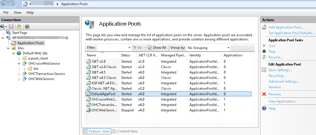 This figure shows the IIS Manager Application Pools screen.