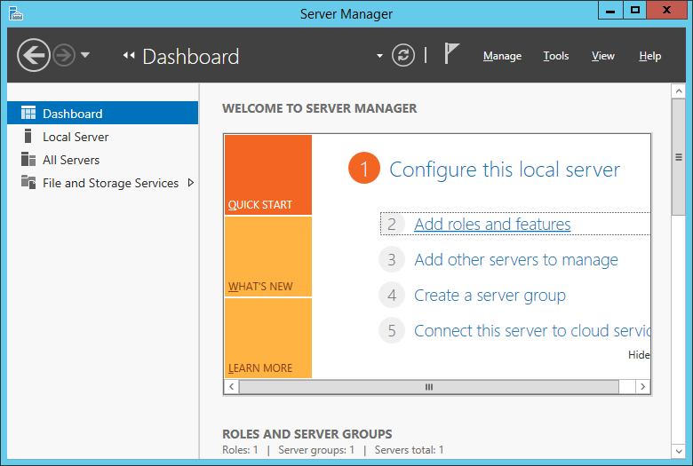 This figure shows the Server Manager Dashboard where you can configure the server roles and features, other servers to manage or create a server group.