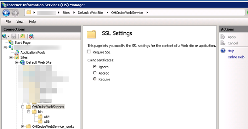 This figure shows the SSL Settings Configuration window for OHCruiseWebService.