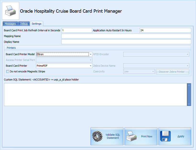 This figure shows the Print Manager Settings for Board Card Printing