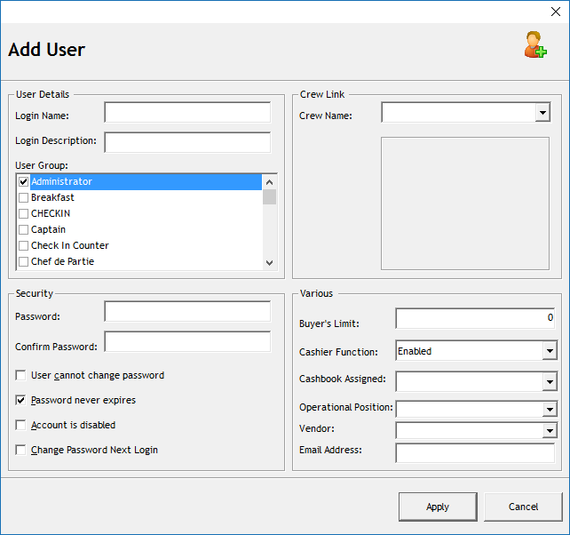 This figure shows the Add User window where user credential is created.