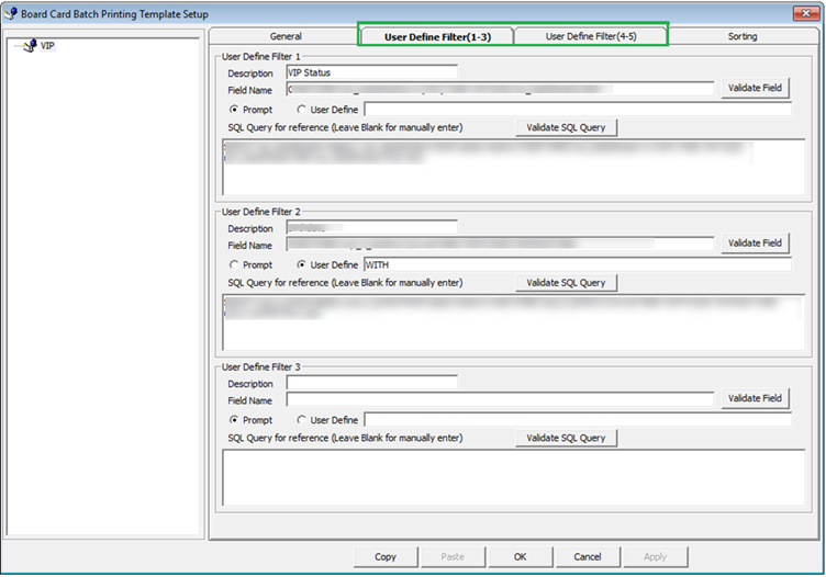 This figure shows the set up window of Board Card Batch Printing Template-User Define Filter